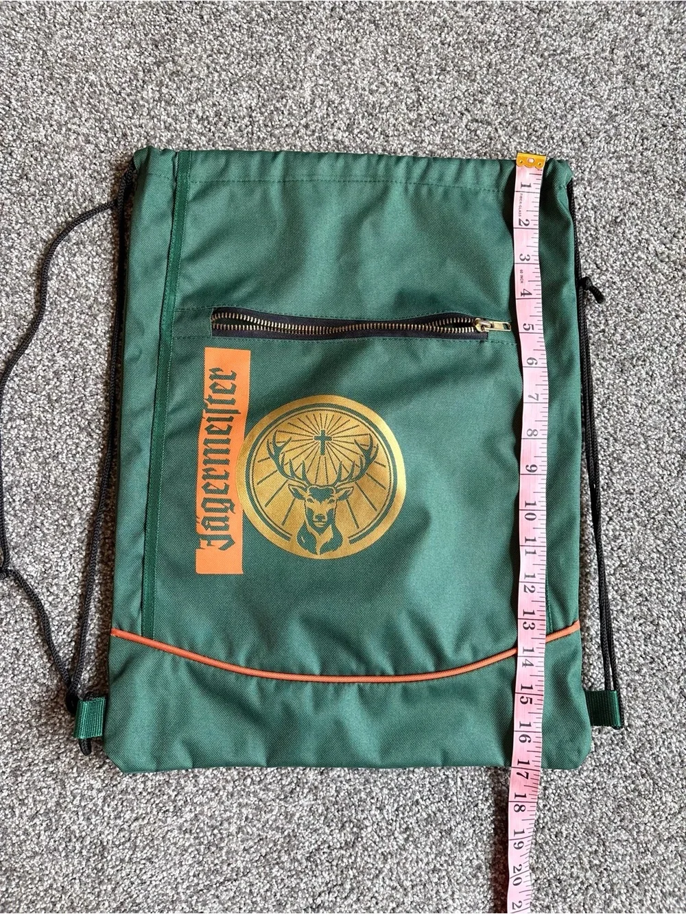 Yagermeister Drawstring Backpack Cinch Bag Green w Zipper Pocket in Front